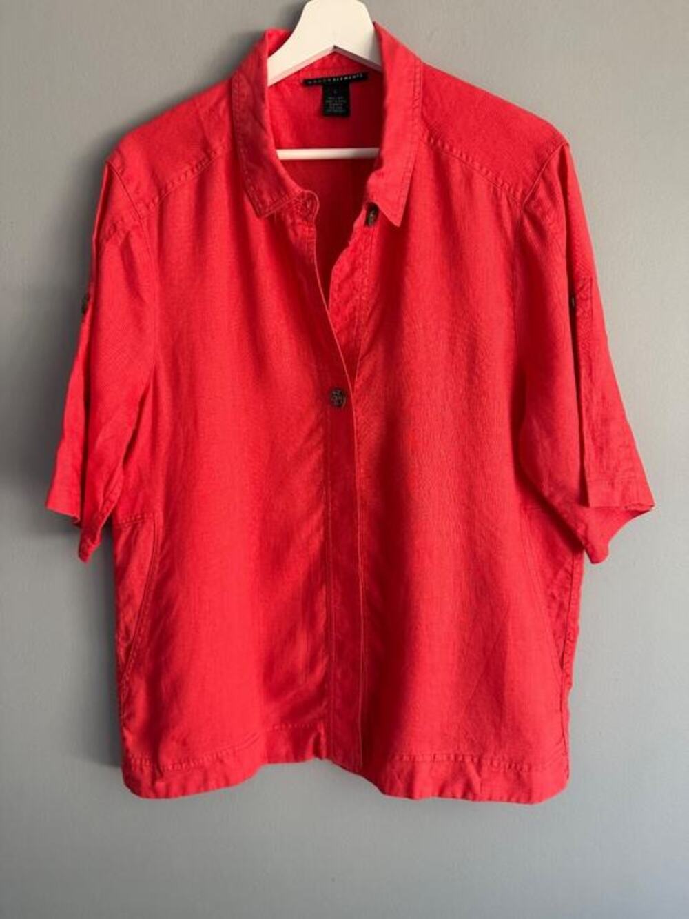 Grace Elements Linen Shirt Blouse Size L Coral Short Sleeve Boho Coastal Chic